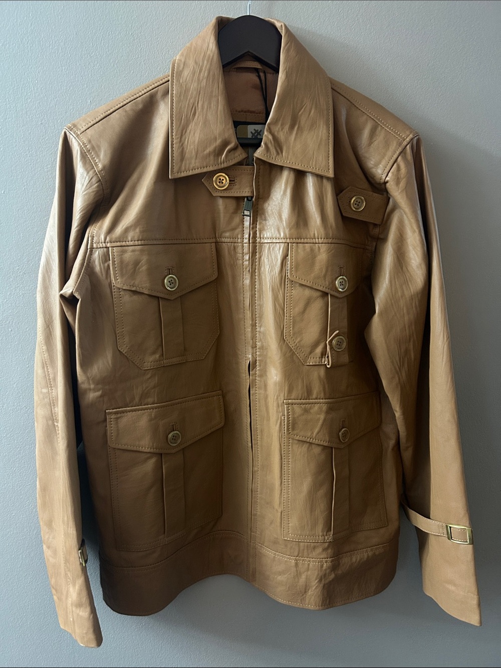 Women's Tan Leather Field Jacket with Button-Front Pockets